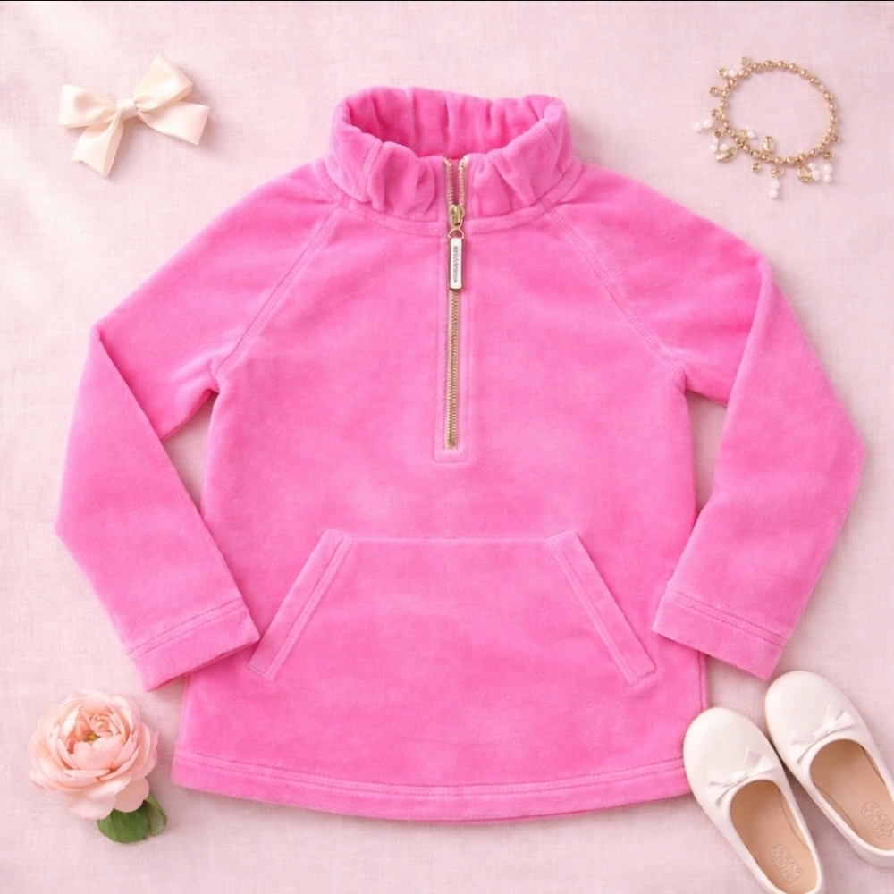 Lilly Pulitzer Girls Pink Velour Half Zip Skipper Pullover Size 6 - 7